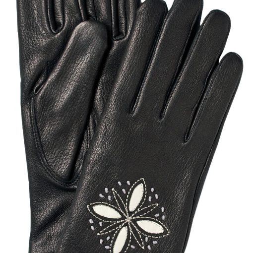 black leather gloves with white embroidery against a white background