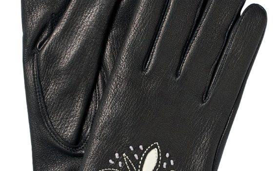 black leather gloves with white embroidery against a white background