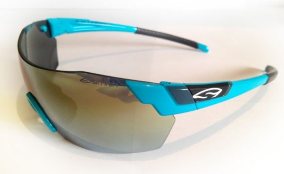 frameless wrap-around sunglasses on a white background