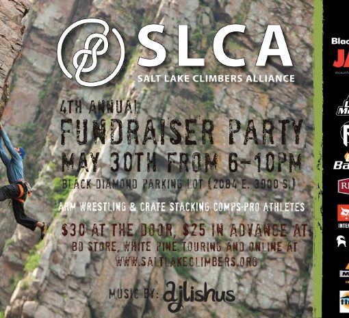 Salt Lake Climbers Alliance event poster with text over a photo of a climber