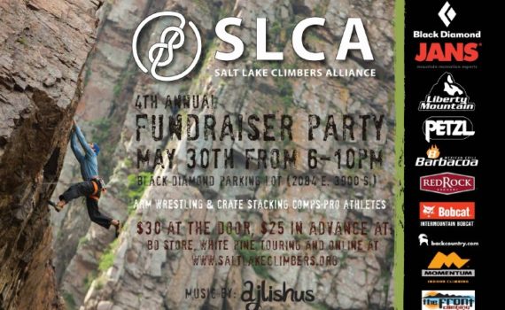 Salt Lake Climbers Alliance event poster with text over a photo of a climber