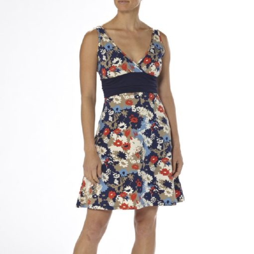 close up of a model wearing a floral dress made of technical fabric
