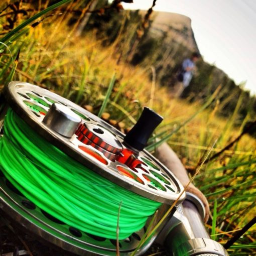 close-up view of a fly reel with a field and mountains in the background