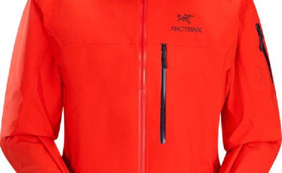 bright red-orange jacket against a white background