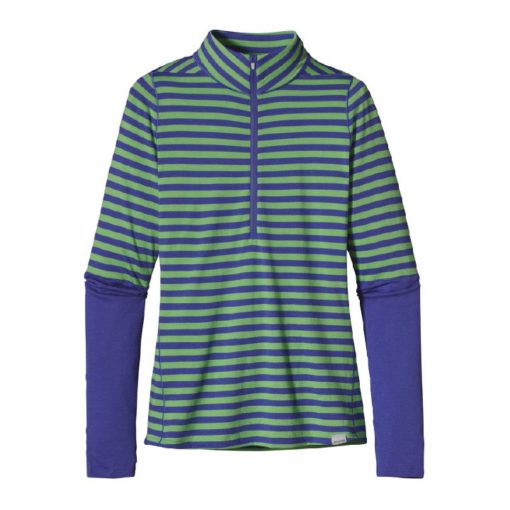 blue and green stripe pattern zip-neck baselayer with long blue cuffs, flat laid on white background