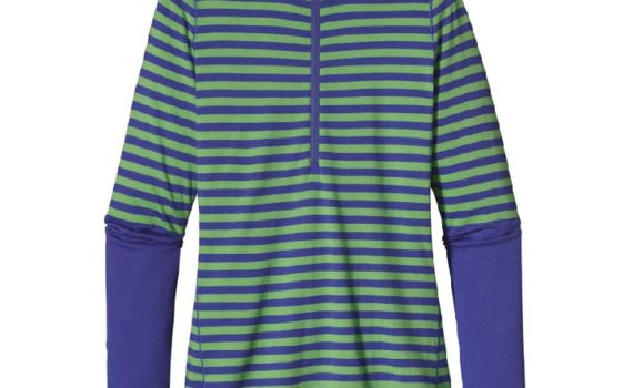 blue and green stripe pattern zip-neck baselayer with long blue cuffs, flat laid on white background