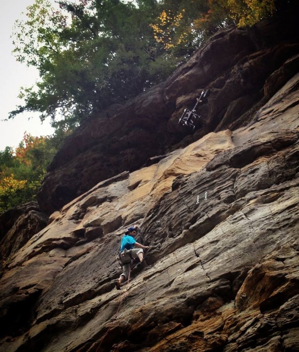 RC helicopter camera used to photographer rock climber