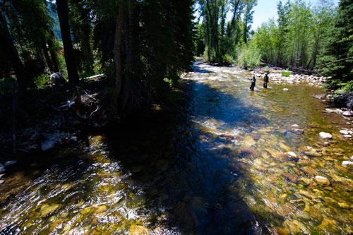 Two fisherman stand in a river