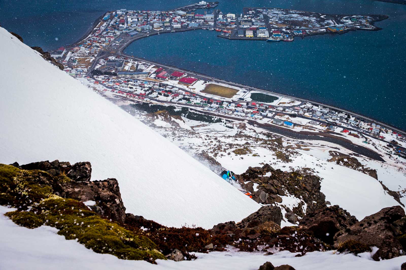 Skiing high above the town of Isafjordur, Iceland