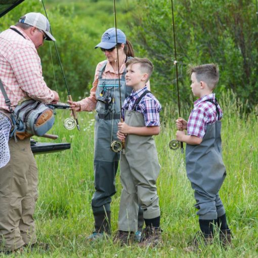 A guide helps young children get ready to fish