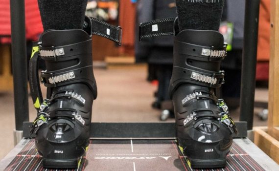 Closeup of boots standing on a fitting platform