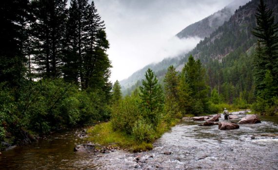Angler fishes knee deep in a winding river by a misty mountain
