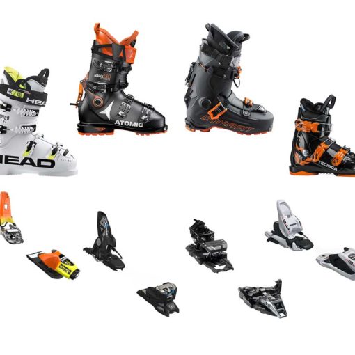 Clockwise from left, 4 different types of ski boots and ski bindings.