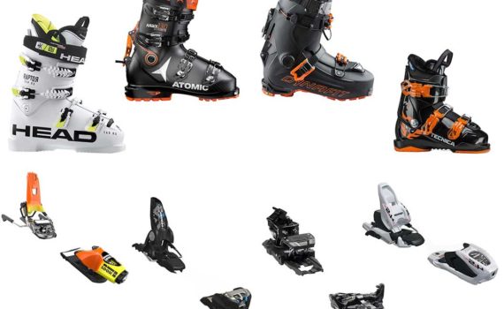 Clockwise from left, 4 different types of ski boots and ski bindings.