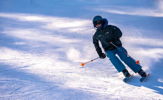 Jans Expert, Cal Perfall, skiing in Arc'teryx Rush LT Bib Pants