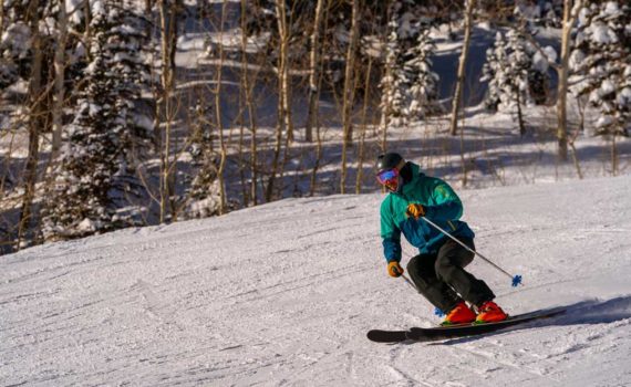 Skier wearing Arc'teryx Rush jacket at Deer Valley, Utah