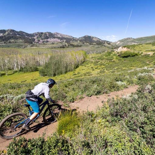 A mountain biker ride single track below Bonanza Flat in Park City, UT