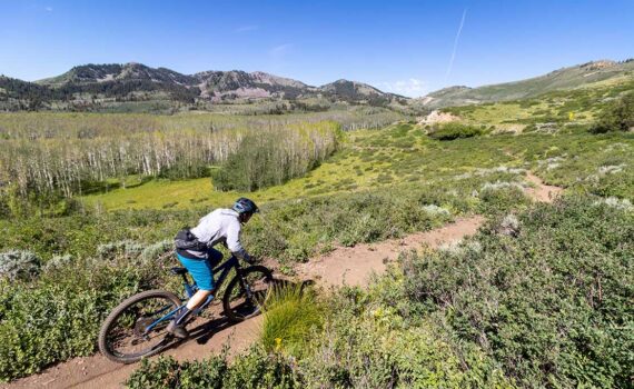 A mountain biker ride single track below Bonanza Flat in Park City, UT