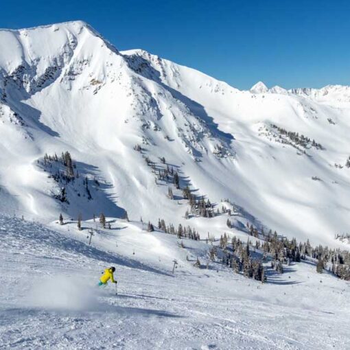Jans Employee skis Snowbird, Utah on a spring day.