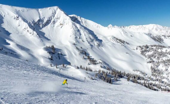 Jans Employee skis Snowbird, Utah on a spring day.