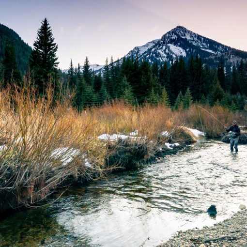 Jans employee Jeff Sorenson fly fishes on a creek in fall.