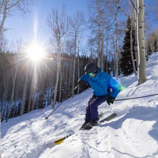 Alpine skier skis through aspens at Deer Valley Resort in Park City, UT