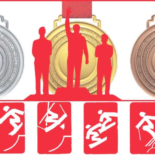 Graphic of olympic medals and podium with athletes