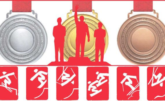 Graphic of olympic medals and podium with athletes