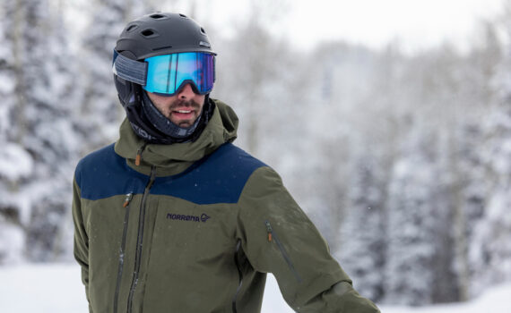 A skier wearing a Norrona Lofoten Gore-Tex jacket admires the view during a powder day at Deer Valley resort in Park City, UT.