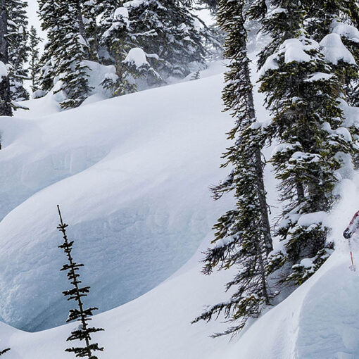 A skier sends a steep line through powder pillows. Image courtesy of Atomic.