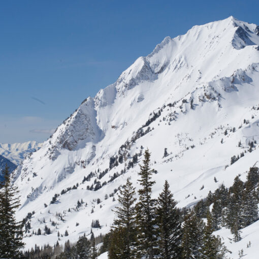 The south face of Mt. Superior in Little Cottonwood Canyon overlooking the Salt Lake valley on a sunny day.