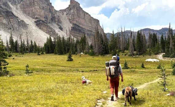 Jans Expert and two dogs backpack the Amethyst Lake trail with an impressive mountain ridgeline in the background.