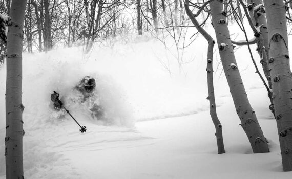 Jans Expert skis the deep powder and gets a full face shot at Deer Valley Resort.