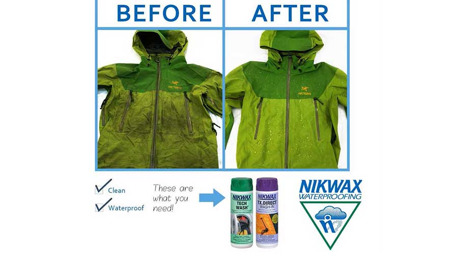 A before photo shoes a green rain jacket that is covered in dirt and grime, on the right is the after using Nixwax showing a clean jacket with no stains.